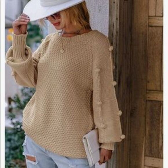 NEW Khaki Oversized Pom Sleeves Chunky Knit Sweater - Picture 1 of 5